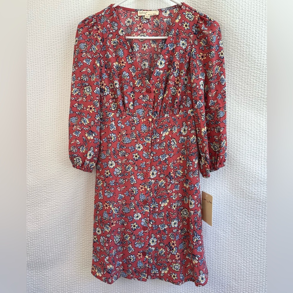 BeBop Red Floral Smocked Waist Mini Dress Long Sleeve V-Neck XS NWT